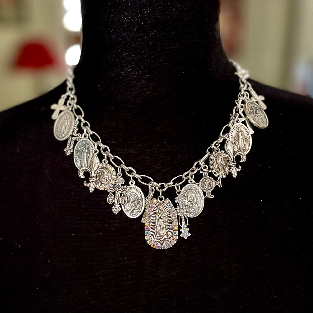 Guadalupe, Saints & Crosses Double Sided Antiqued Silver Tone Festoon Necklace - Picture 3 of 15